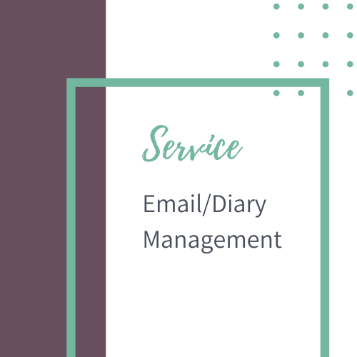 Graphic stating 'Service' and 'Email/Diary Management' with a modern design featuring pastel colors and polka dots.