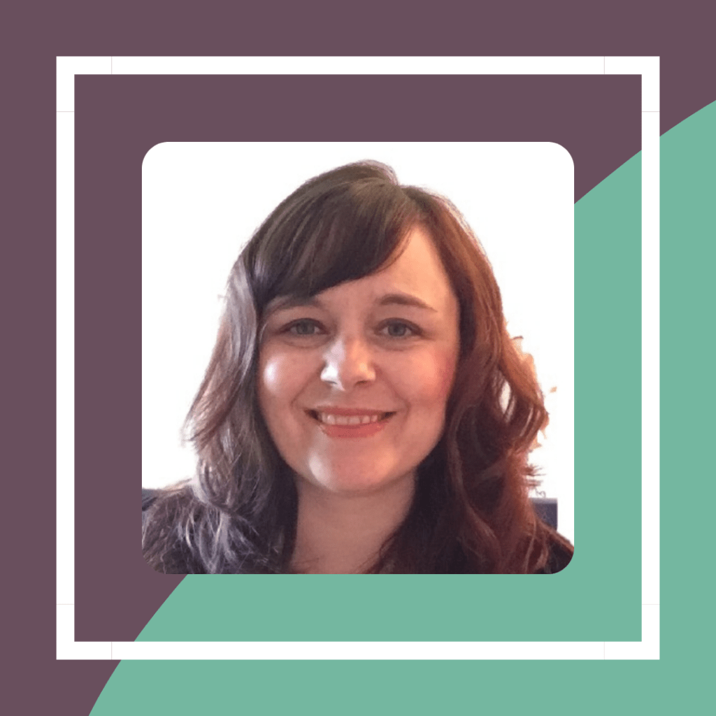 A smiling woman with shoulder-length wavy brown hair, framed in a colorful geometric design.